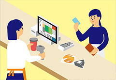 売店で決済をしてい女性のイラスト